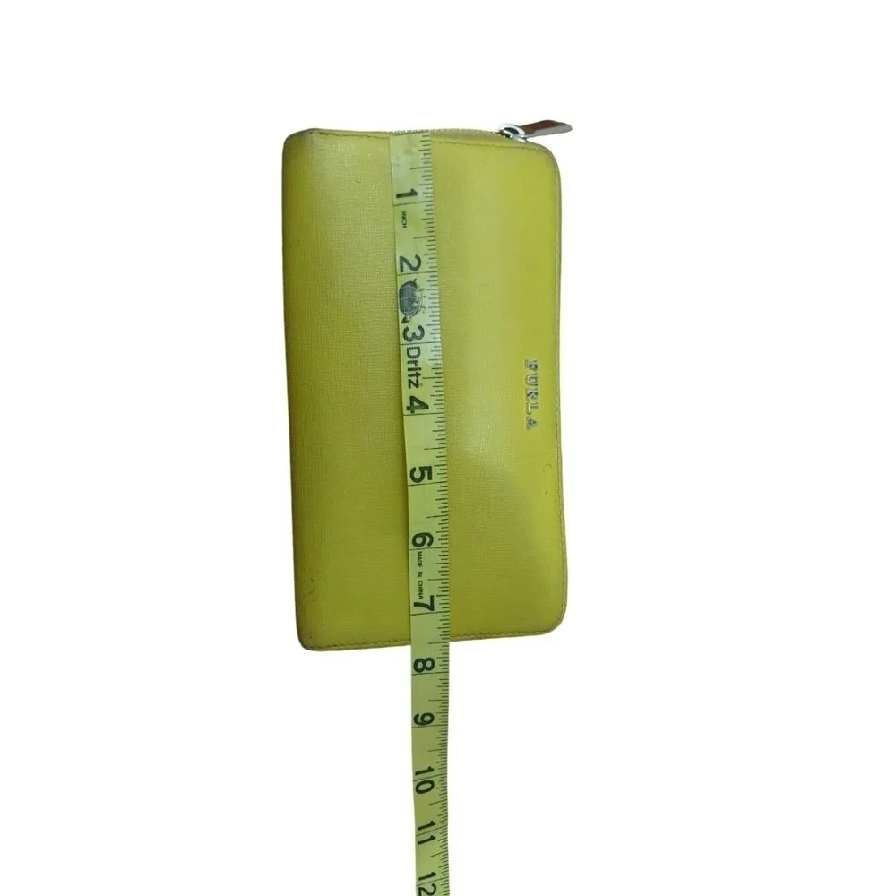Authentic FURLA Round Zipper Long Wallet Wristie Neon Yellow Pebbled Leather